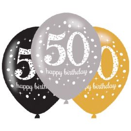 6 Palloncini Happy Birthday Elegant 50 Anni Dorati 28 cm