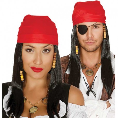 Parrucca da Pirata Nera con Bandana Rossa