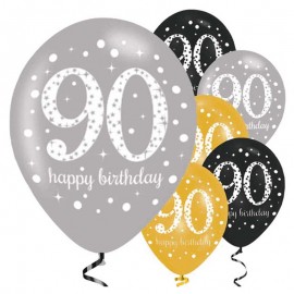 6 Palloncini Happy Birthday Elegant 90 anni dorato 28 cm