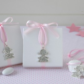 Scatola Bianca Fiocco Rosa con Collana Bimba Strass e 5 Confetti