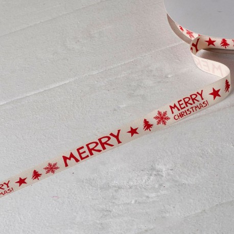 Nastro Cotone Color Avorio con Scritta Rossa Merry Christmas 15mm x 50 mts