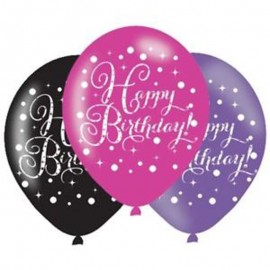 6 Palloncini di Lattice Happy Birthday Elegant Pink 28 cm