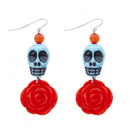 Orecchini Cranio Blu con Rosa Rossa