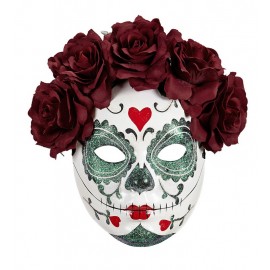 Maschera Catrina con Brillantini con Rose Bordeaux