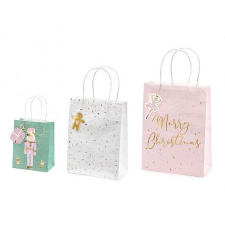 3 Sacchetti Scritta Merry Christmas Rosa, Bianco e Verde Shop