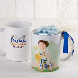 Tazza Prima Comunione Bimbo in Bici con Caramelle