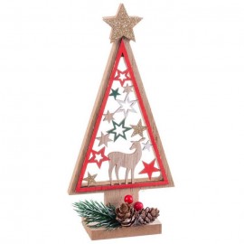 Albero Rosso e Oro con Renna di Legno 9 X 4 X 19 Cm