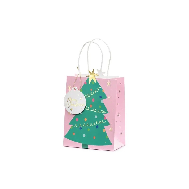 Borsa Regalo Rosa con Albero di Natale 14x20x8cm