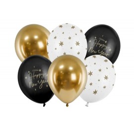 Acquista 6 Palloncini Happy New Year Nero Bianco Oro 30 cm