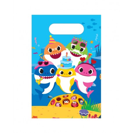 6 Borse di Carta Baby Shark 23 X 16 cm