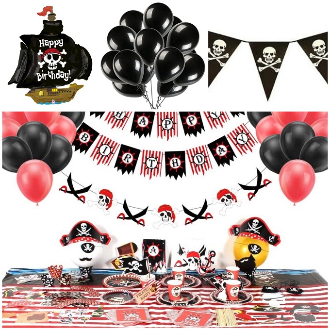 Set di decorazioni per il compleanno dei pirati 34 pezzi Decorazioni per feste pirata Palloncini pirata Striscioni Topper per cupcake per feste a tema pirata Accessori 