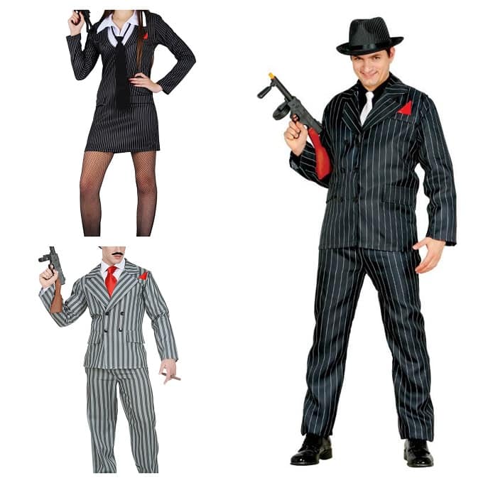 ILOVEFANCYDRESS - Travestimento anni 20 per coppia, abito da uomo gessato e  cappello di feltro da gangster nero e vestito da donna da Charleston con  frange con fascia con piume : : Altro